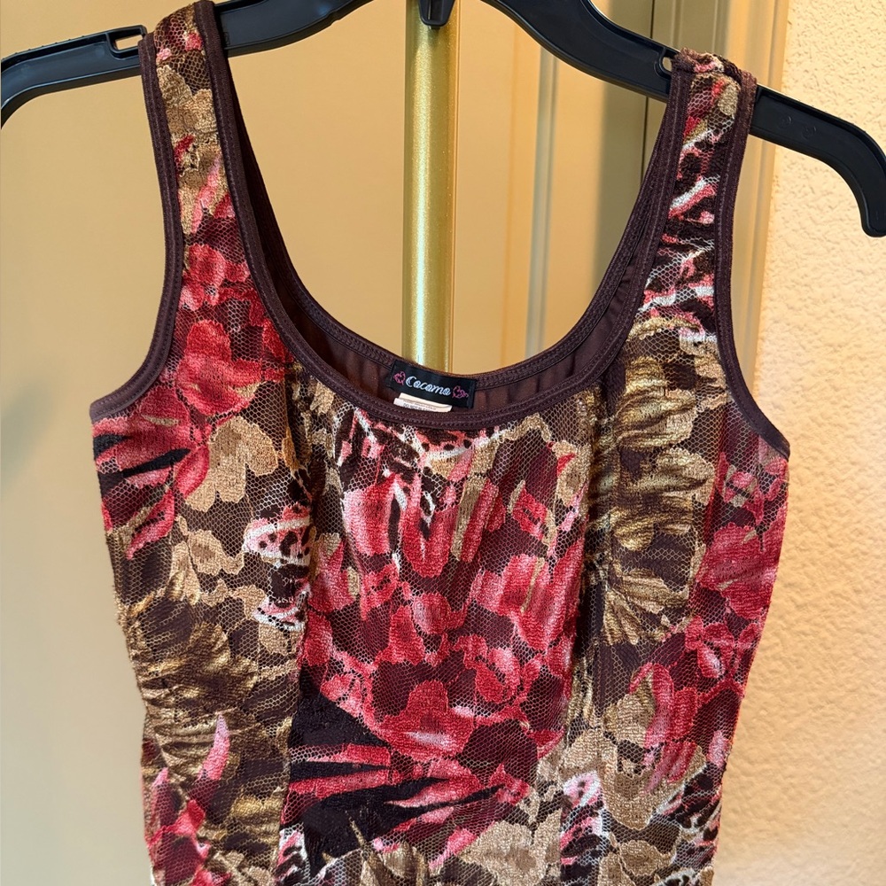 Cocomo Red Floral Lace Tank Top with Brown Accents